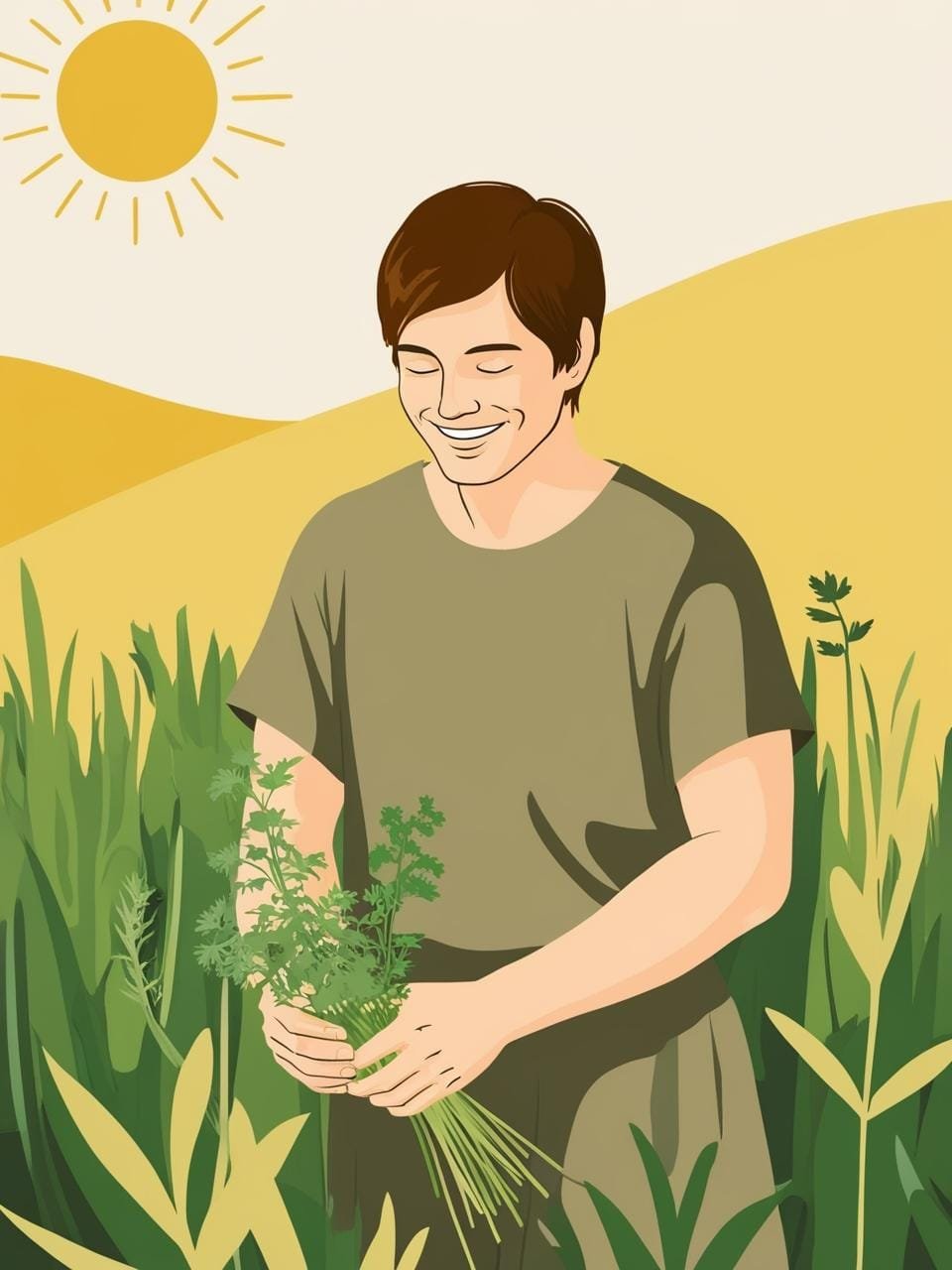 Naturopathe Un homme tenant de plante dans un champ au soleil. La définition de la liberté et du bonheur au naturel.