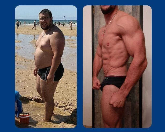 Un collage avant/après d'un homme ayant perdu 80 kilos.