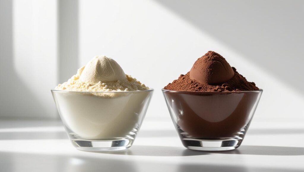 Chocolat, vanille, fraise... les protéines en poudre sont disponibles en une variété de goût.