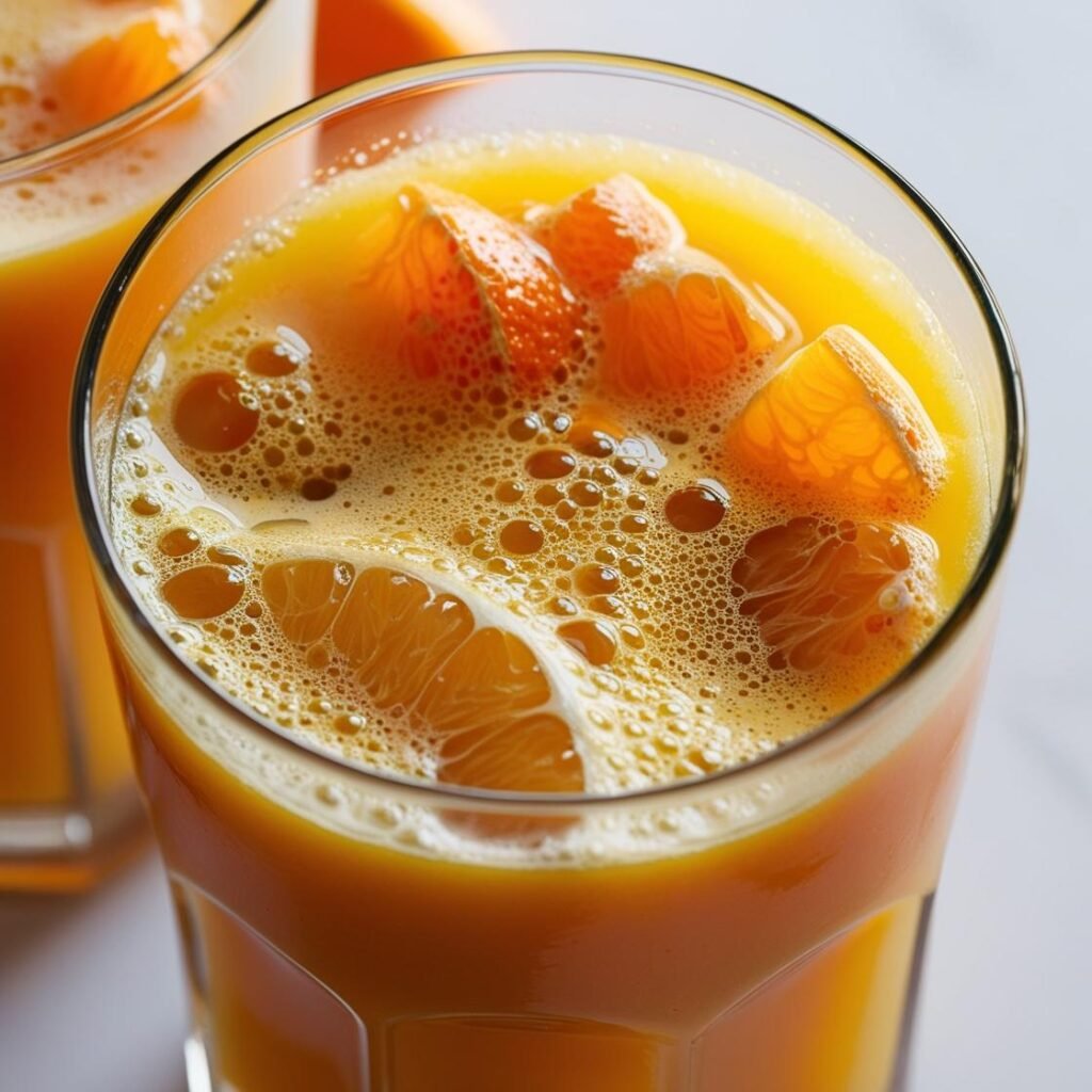 Un verre de jus d'orange avec des gros morceaux.