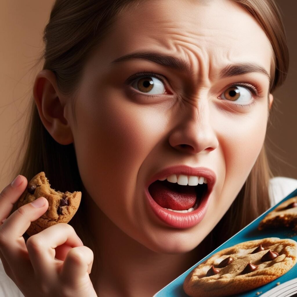 Une femme tenant un cookie car elle vient de céder à des pulsions alimentaires
